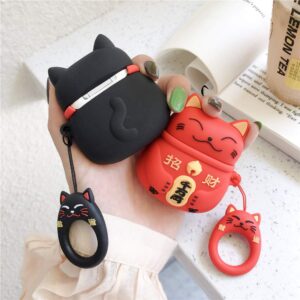 Jugger - Protective Case for AirPods Soft Silicone Shockproof Cover Wireless Charging for Apple AirPods 1 2 Series Hook Carabiner Clip Cute Animals Full Cover Protection (Black Maneki-Neko Cat) - Image 6